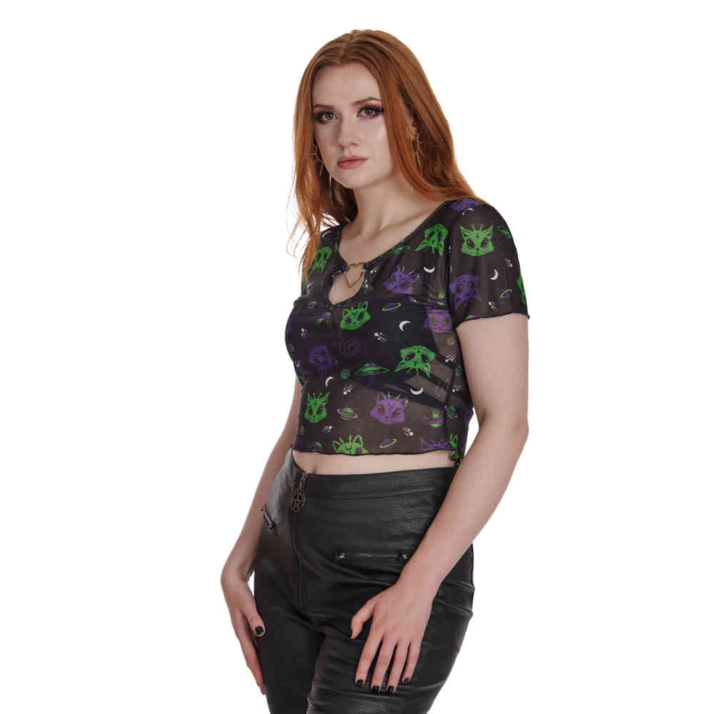 Banned - Alien Space Cat Mesh Cut-Out Top - Schwarz